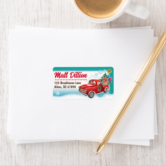 Santa's Pickup Truck Christmas Kaart Adresetikette Etiket (Insitu)