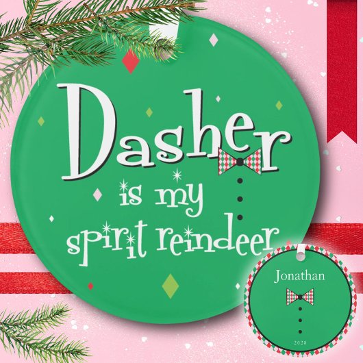 Santa's Reindeer Dasher Preppy Green Christmas Ornament