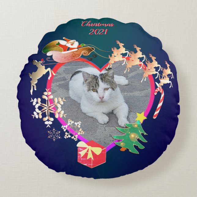 Santa's Reindeer Photo Heart Lijst Round Pillow Rond Kussen (Voorkant)