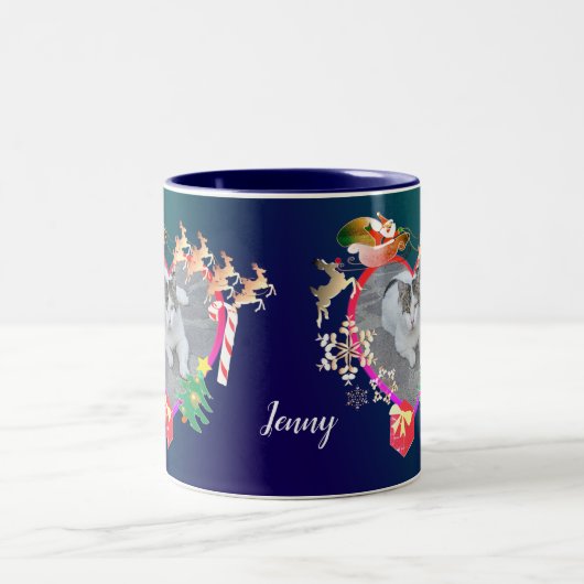 Santa's Reindeer Photo Heart Lijst Tweekleurige Koffiemok (Center)