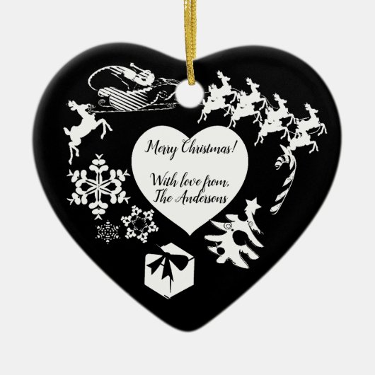 Santa's rendieren Blk & White Heart Ornament (Voorkant)