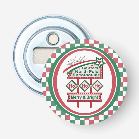 Santa's Retro Marquee - Ho Vrolijk & Helder Button Flesopener (Voorkant)