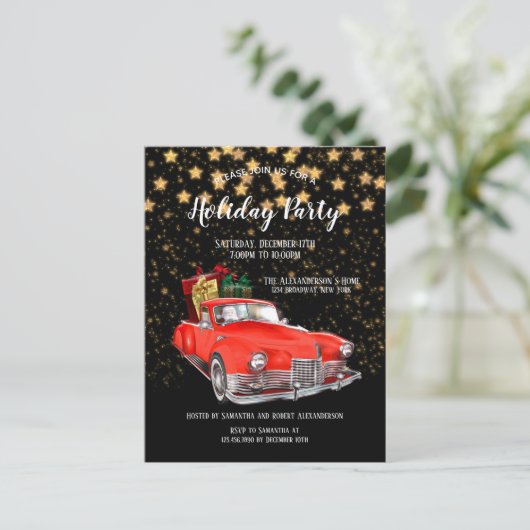 Santas  Rode Auto Kerstfeest Uitnodiging (Staand voorkant)