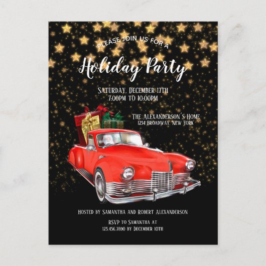 Santas  Rode Auto Kerstfeest Uitnodiging (Voorkant)