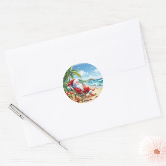 Santa's Seaside Serenity Ronde Sticker (Envelop)
