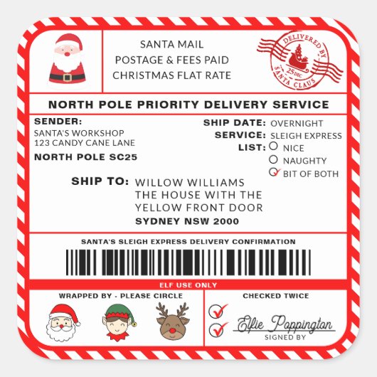 Santas Sleigh Christmas Shipping Label Sticker (Voorkant)