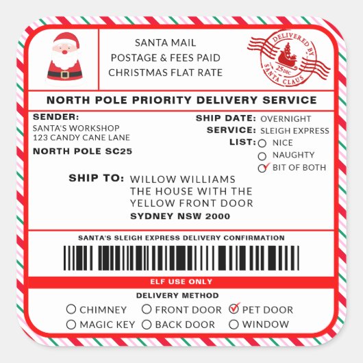 Santas Sleigh Christmas Shipping Label Sticker (Voorkant)