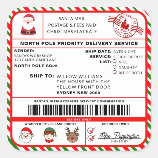 Santas Sleigh Christmas Shipping Label Sticker (Voorkant)