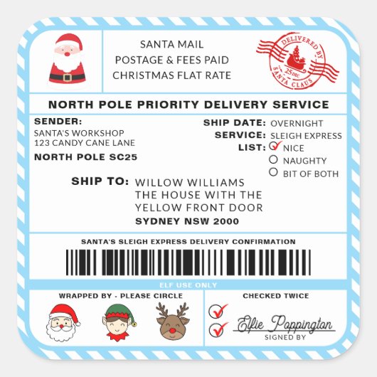 Santas Sleigh Christmas Shipping Label Sticker (Voorkant)