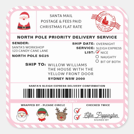 Santas Sleigh Christmas Shipping Label Sticker (Voorkant)