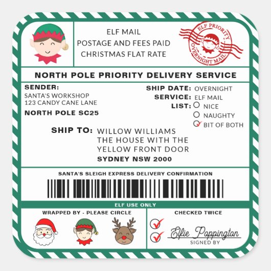 Santas Sleigh Christmas Shipping Label Sticker (Voorkant)