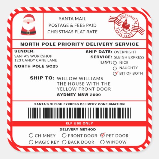Santas Sleigh Christmas Shipping Label Sticker (Voorkant)