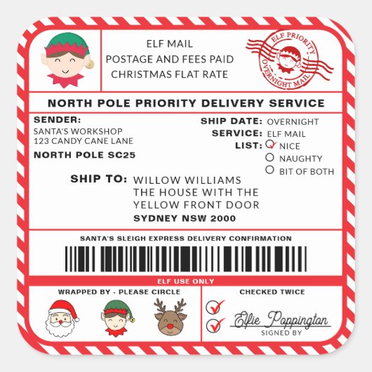 Santas Sleigh Christmas Shipping Label Sticker (Voorkant)