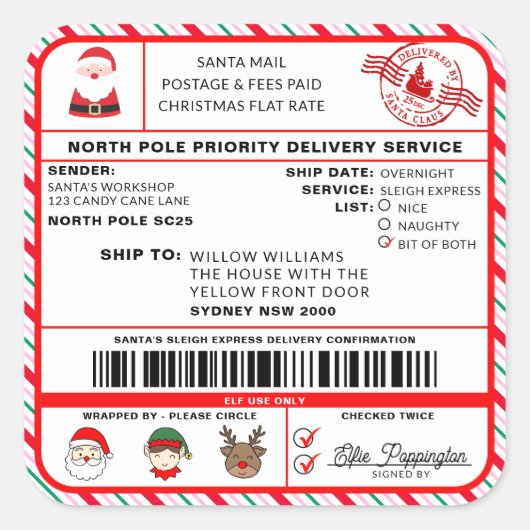 Santas Sleigh Christmas Shipping Label Sticker (Voorkant)
