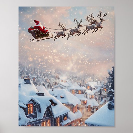 Santa's Sleigh en vliegende rendieren Poster (Voorkant)