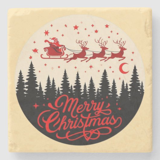 Santa's Sleigh Merry Christmas Forest Scene Art Stenen Onderzetter (Voorkant)