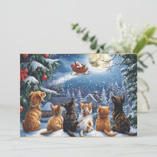 Santa's Sleigh Over Moonlit Winter Forest Feestdagenkaart (Staand voorkant)