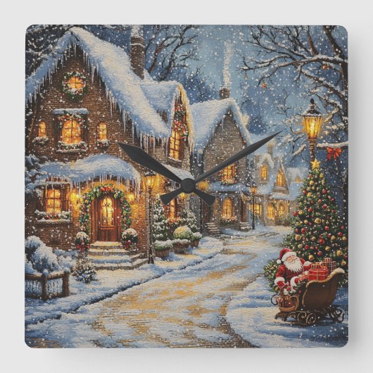 Santa's Sleigh Ride Winter Wonderland Clock Vierkante Klok (Voorkant)