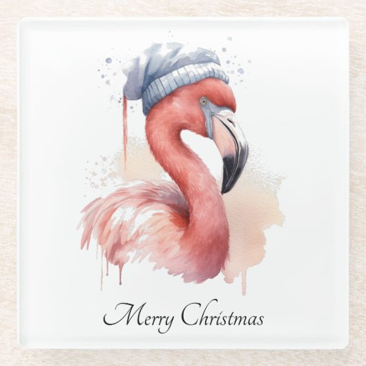 Santa's Snowbird Flamingo, op maat Glazen Onderzetter (Voorkant)