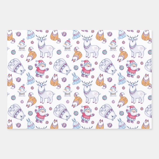Santas Snowmen en Reindeer Cute Kerstmis-Design Inpakpapier Vel (Voorkant)