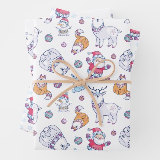 Santas Snowmen en Reindeer Cute Kerstmis-Design Inpakpapier Vel (In situ)