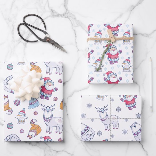 Santas Snowmen en Reindeer Cute Kerstmis-Design Inpakpapier Vel (Voorkant)