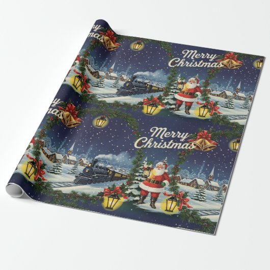 Santa's Snowy Express Retro-inpakpapier Cadeaupapier (Uitgerold)