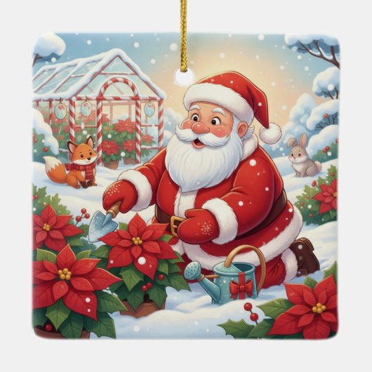 Santa's Snowy Poinsettia Greenhouse Garden Keramisch Ornament (Achterkant)
