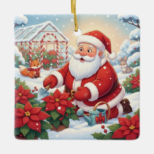 Santa's Snowy Poinsettia Greenhouse Garden Keramisch Ornament (Voorkant)