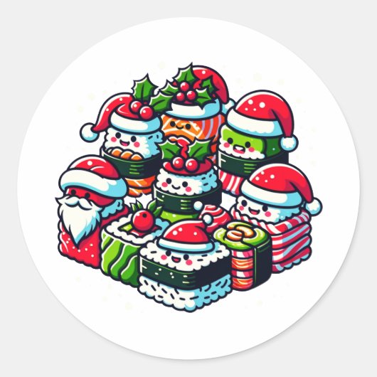 Santa's Sushi Delight - Feestelijke Kerstkunst Ronde Sticker (Voorkant)