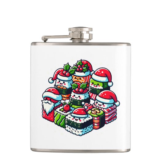 Santa's Sushi Delight Grappige feestelijke kerstku Heupfles (Voorkant)