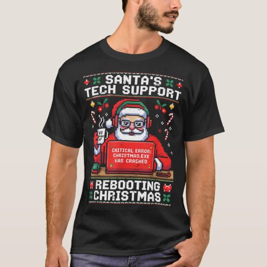 Santa's Tech Suprt Rebooting Christmas Ugly Santa T-shirt (Voorkant)