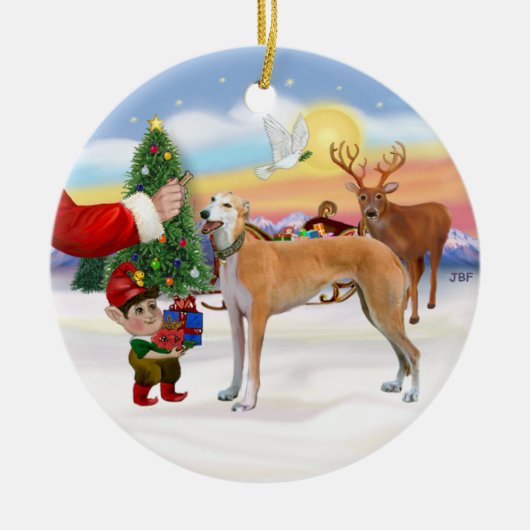 Santas Treat - Lichtrode Greyhound Keramisch Ornament (Voorkant)