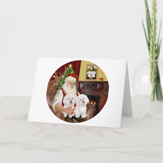 Santa's Two Bichon Frise Feestdagen Kaart (Voorkant)
