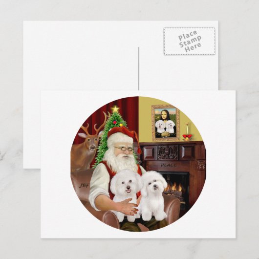 Santa's Two Bichon Frise Feestdagenkaart (Voorkant / Achterkant)