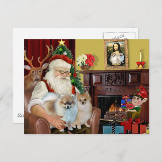Santa's Two Pomeranians Feestdagenkaart (Voorkant / Achterkant)