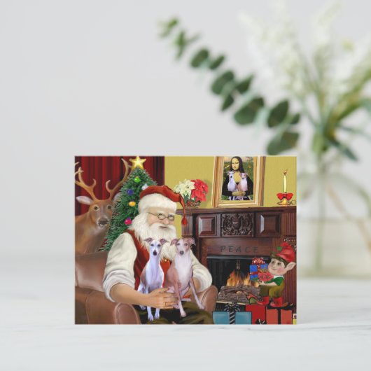 Santa's Two Whippets Feestdagenkaart (Staand voorkant)