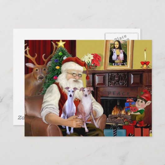 Santa's Two Whippets Feestdagenkaart (Voorkant / Achterkant)