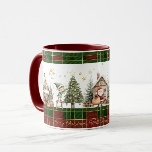 Santa's Workshop Elfen Rood Groen Kerst Tartan Mok (Voorkant links)