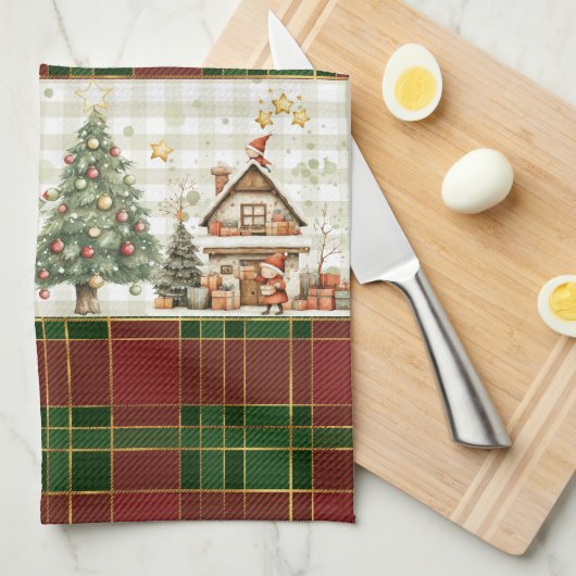 Santa's Workshop Elfen Rood Groen Kerst Tartan Theedoek (Quarter Fold)