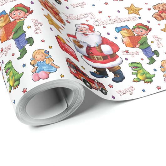 Santa's workshop speelgoed inpakpapier wit (Rol Hoek)