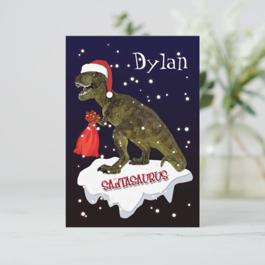 'Santasaurus' Dinosaur persoonlijke kerstKaart (Staand voorkant)
