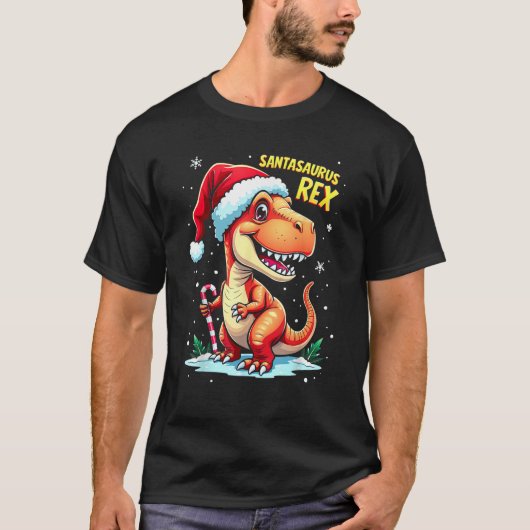 Santasaurus Rex Funny Dinosaur xmas Santa Hat Cand T-shirt (Voorkant)