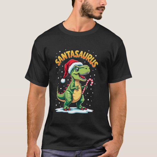 Santasaurus Rex Funny Dinosaur xmas Santa Hat Cand T-shirt (Voorkant)