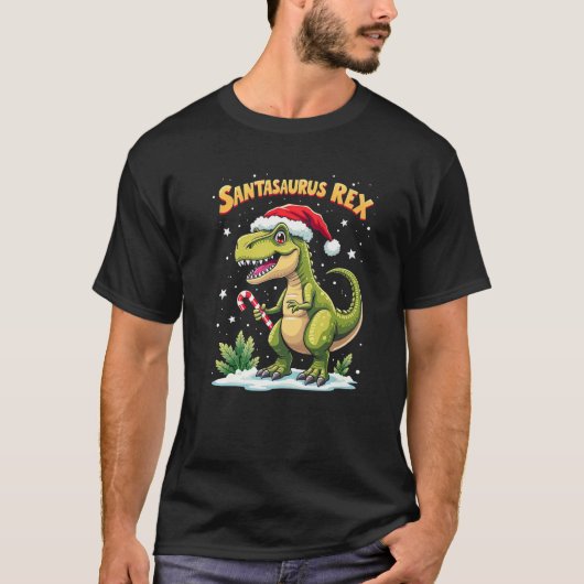 Santasaurus Rex Funny Dinosaur xmas Santa Hat Cand T-shirt (Voorkant)