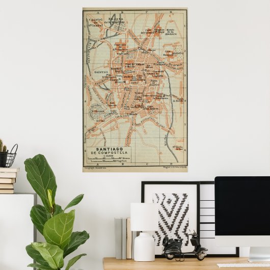  Santiago de Compostela Spanje Map (1913) Poster (Thuiskantoor)