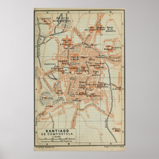  Santiago de Compostela Spanje Map (1913) Poster (Voorkant)