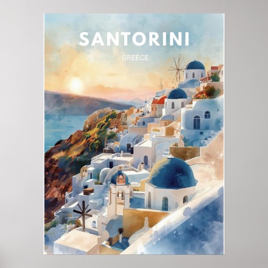 Santorini Aquarel Illustratie Reis Poster (Voorkant)