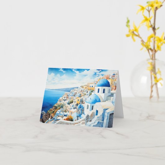 Santorini aquarel schilderij ontwerp. kaart (Gele Bloem)