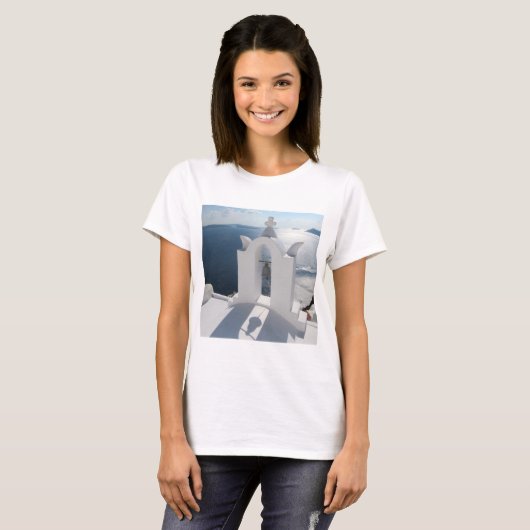 Santorini Bell Tower maakt schaduw T-shirt (Voorkant volledig)
